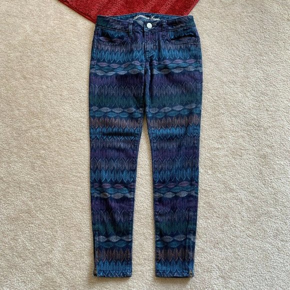 AE Stretch 0 Leaf Patterned Jegging Crop Ankle Jeans Zip Hems - Picture 2 of 10